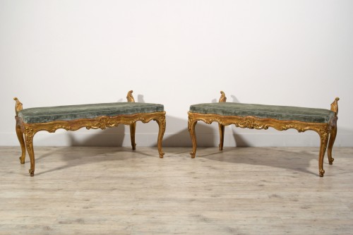 18th Century, Pair of Italian Rococo Carved Giltwood Benches  - 