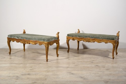 18th century - 18th Century, Pair of Italian Rococo Carved Giltwood Benches 