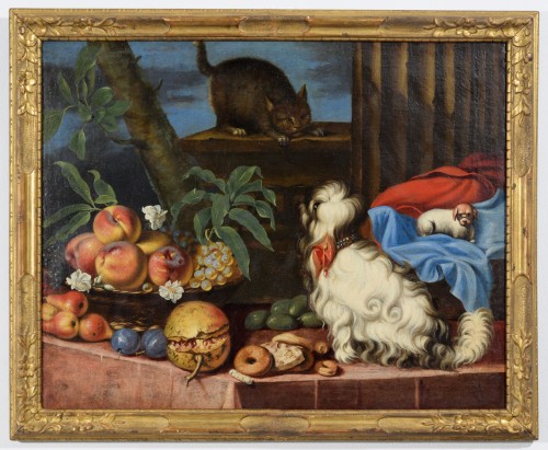 17th century, Italian Painting with Still Life with Fruit, Dogs and Cat