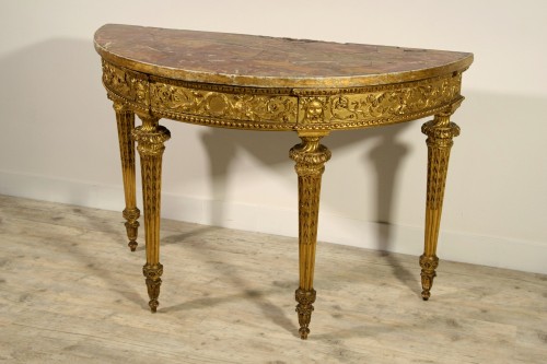 Console néoclassique en demi-lune en bois sculpté et doré, Italie fin XVIIIe siècle - Brozzetti Antichità
