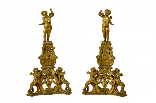 XIX Century, Pair of Venetian GiltBronze Fireplace Chenets in Baroque Style