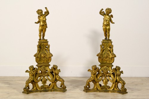 Paire de chenets en bronze finement ciselé et doré, Venise XIXe siècle - Objet de décoration Style 