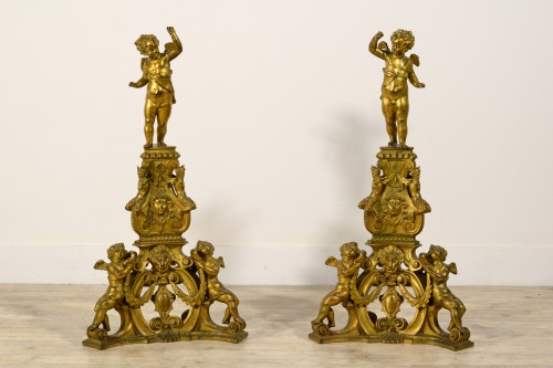 XIX Century, Pair of Venetian GiltBronze Fireplace Chenets in Baroque Style - Decorative Objects Style 