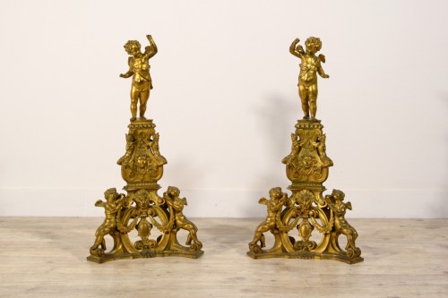 Decorative Objects  - XIX Century, Pair of Venetian GiltBronze Fireplace Chenets in Baroque Style