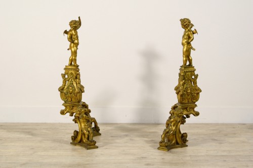 Paire de chenets en bronze finement ciselé et doré, Venise XIXe siècle - Brozzetti Antichità