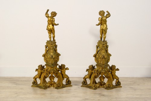 19th century - XIX Century, Pair of Venetian GiltBronze Fireplace Chenets in Baroque Style