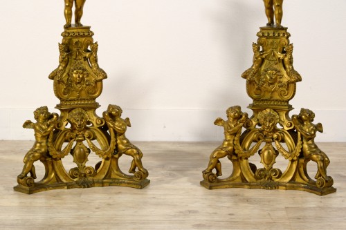 XIX Century, Pair of Venetian GiltBronze Fireplace Chenets in Baroque Style - 