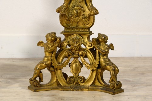  - XIX Century, Pair of Venetian GiltBronze Fireplace Chenets in Baroque Style