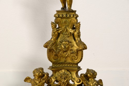 Antiquités - Paire de chenets en bronze finement ciselé et doré, Venise XIXe siècle