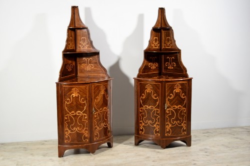 Furniture  - 18th Century, Pair of Italian Inlay Wood Corner Cabinets 