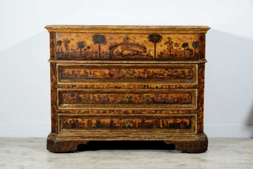 Commode baroque en bois laqué avec figures orientales, Italie début du XVIIIe siècle - Mobilier Style Louis XIV