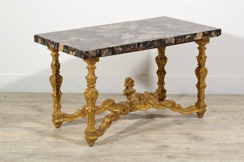 Italian Coffee Table with 18th Century Marble Top and Carved Giltwood base - Furniture Style 