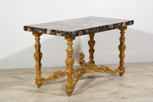Italian Coffee Table with 18th Century Marble Top and Carved Giltwood base - 