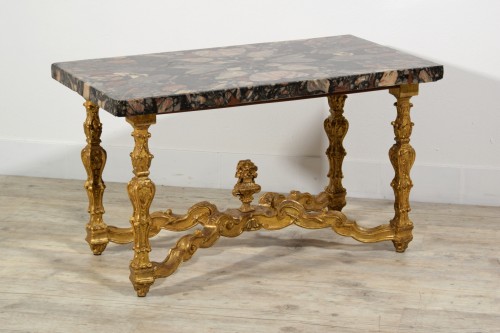 20th century - Italian Coffee Table with 18th Century Marble Top and Carved Giltwood base