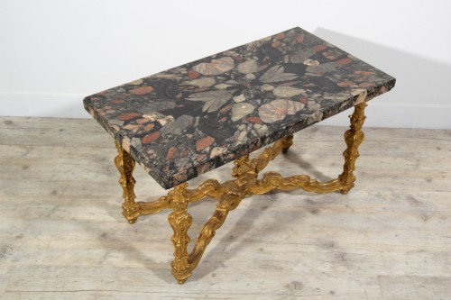 Antiquités - Italian Coffee Table with 18th Century Marble Top and Carved Giltwood base