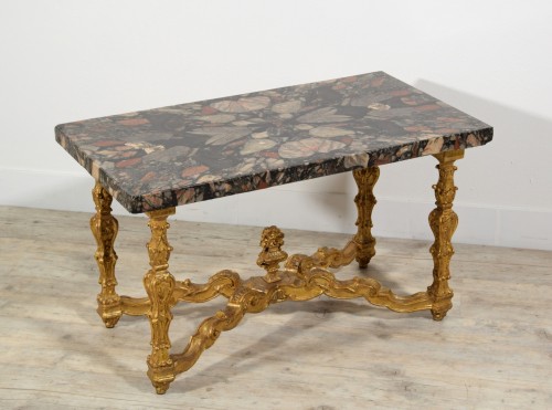 Antiquités - Italian Coffee Table with 18th Century Marble Top and Carved Giltwood base