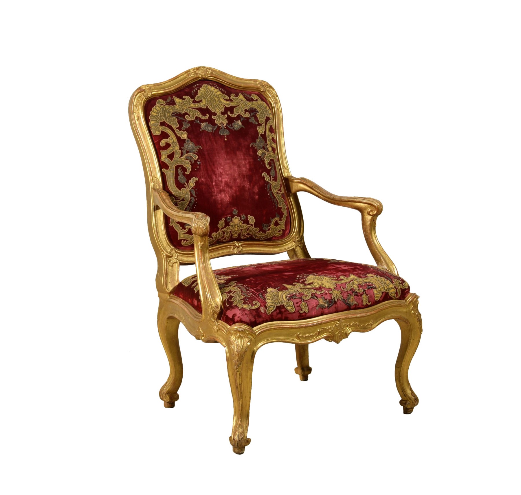 18th Century French Louis XV Carved Gilt Wood Fauteuil Arm Chair