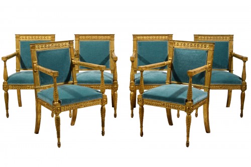 Six neoclassical carved and gilded wood armchairs, Rome, late 18th century