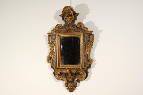 Miroirs, Trumeaux  - Miroir baroque en bois sculpté, laqué doré et argenté, Italie fin du XVIIe siècle