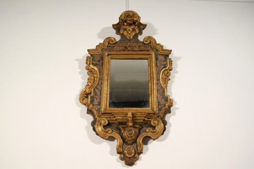 17th Century Italian Hand Carved Lacquered, Silver and Giltwood Mirror - 
