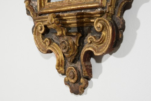 Antiquités - Miroir baroque en bois sculpté, laqué doré et argenté, Italie fin du XVIIe siècle