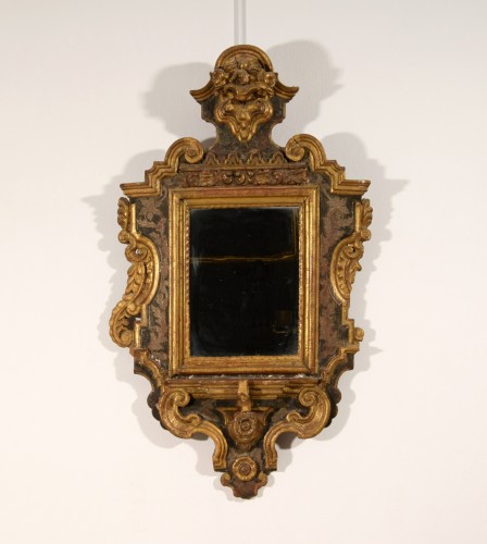 Antiquités - Miroir baroque en bois sculpté, laqué doré et argenté, Italie fin du XVIIe siècle