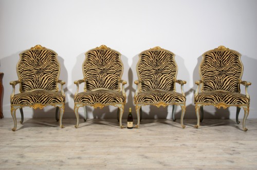Seating  - 18th Century, Four Italian Large Lacquered Giltwood Armchairs