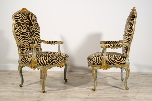 Louis XV - 18th Century, Four Italian Large Lacquered Giltwood Armchairs