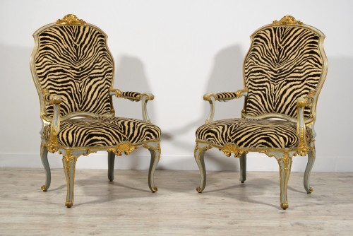 Antiquités - 18th Century, Four Italian Large Lacquered Giltwood Armchairs