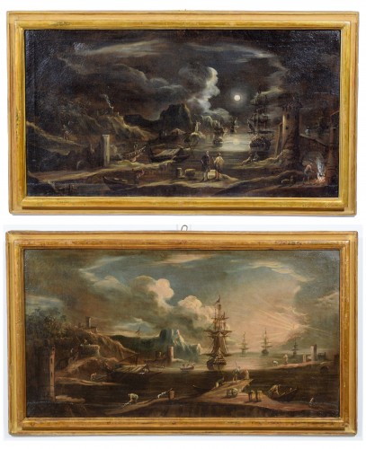 Paire de Marines, Italie début du XVIIIe siècle - Tableaux et dessins Style Régence