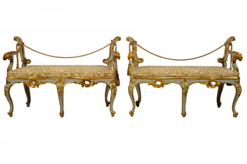18th Century, Pair of Italian Baroque Lacquered and Gilt Wood Benches 