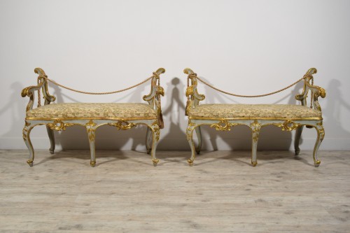 18th Century, Pair of Italian Baroque Lacquered and Gilt Wood Benches  - Seating Style Louis XV