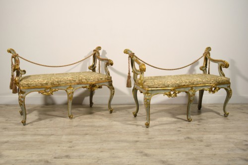 Seating  - 18th Century, Pair of Italian Baroque Lacquered and Gilt Wood Benches 