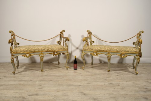 18th Century, Pair of Italian Baroque Lacquered and Gilt Wood Benches  - 