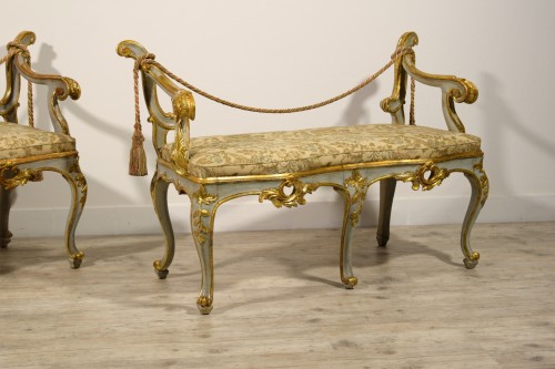 18th century - 18th Century, Pair of Italian Baroque Lacquered and Gilt Wood Benches 