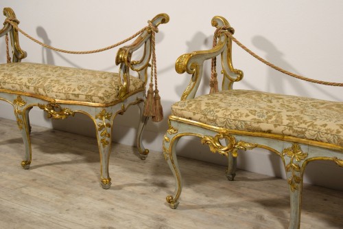Louis XV - 18th Century, Pair of Italian Baroque Lacquered and Gilt Wood Benches 