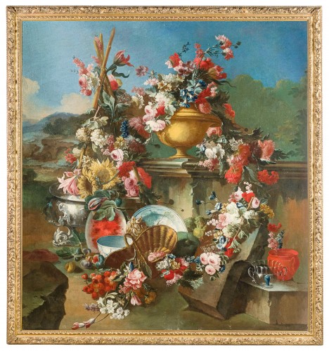 Grande nature morte avec composition florale, Italie XVIIIe siècle