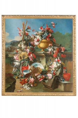 Grande nature morte avec composition florale, Italie XVIIIe siècle - Tableaux et dessins Style 