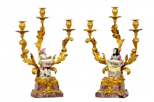 19th Century, Pair of French Bronze Candlesticks with Polychrome Porcelain