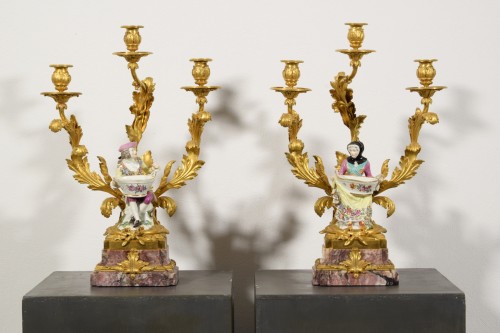 Lighting  - 19th Century, Pair of French Bronze Candlesticks with Polychrome Porcelain