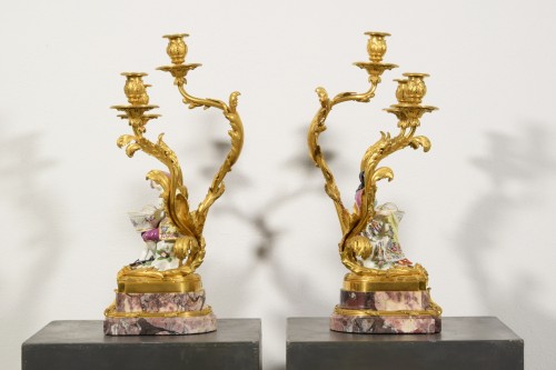  - 19th Century, Pair of French Bronze Candlesticks with Polychrome Porcelain