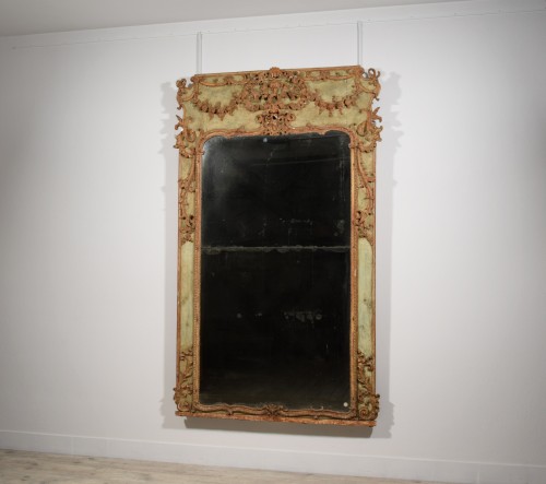 18th Century, Large Italian Baroque Wood and pastiglia Lacquered Mirror - Mirrors, Trumeau Style Louis XV