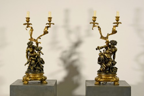 Paire de chandeliers en bronze montés à la lampe - Luminaires Style 