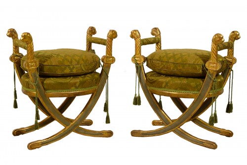 20th Century, Pair Of Italian Neoclassical Style Lacquered Gilt Wood stools