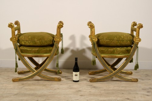 20th century - 20th Century, Pair Of Italian Neoclassical Style Lacquered Gilt Wood stools