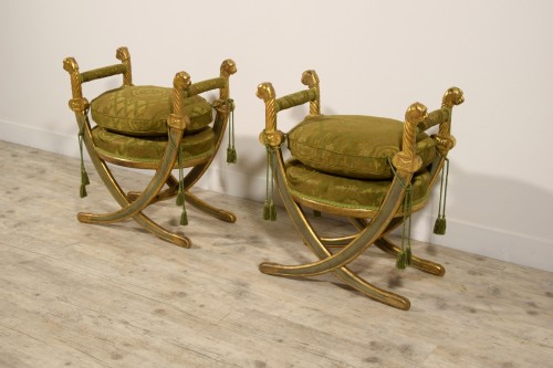  - 20th Century, Pair Of Italian Neoclassical Style Lacquered Gilt Wood stools