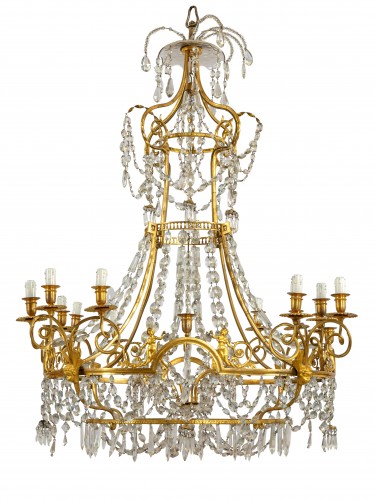 Grand lustre à douze lumières en bronze doré et cristal, France XIXe siècle