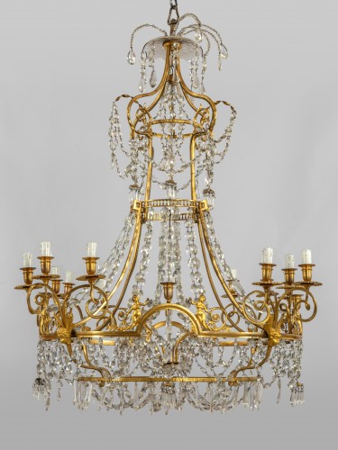 Grand lustre à douze lumières en bronze doré et cristal, France XIXe siècle - Luminaires Style 
