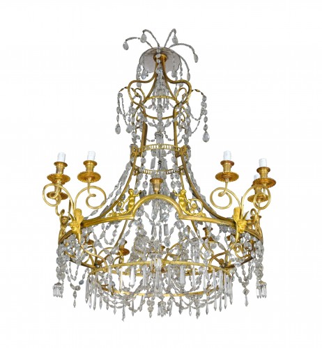 XIXe siècle - Grand lustre à douze lumières en bronze doré et cristal, France XIXe siècle