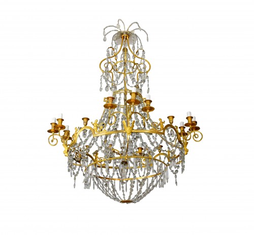 Grand lustre à douze lumières en bronze doré et cristal, France XIXe siècle - 